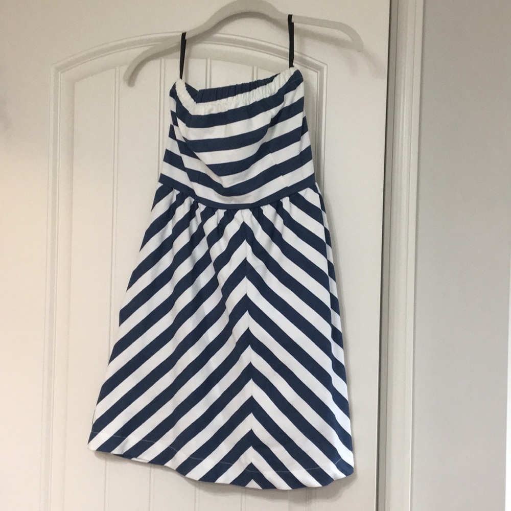 Blue and White Striped Strapless Dress